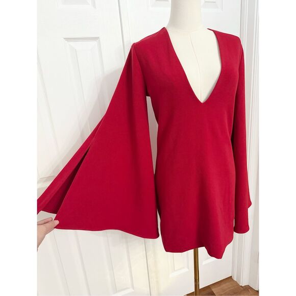 Backstage Womens Red Emily Flare Bell Sleeve Deep V Neck Mini Dress Size XS NWT - Picture 2 of 6